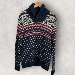 H&M Logg Mens Medium Wool Blend Shawl Collar Fair Isle Sweater Ski Winter Blue